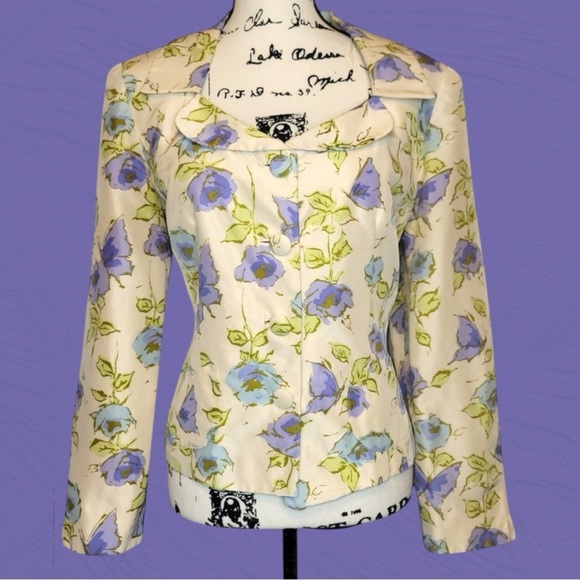 Floral Silk Blazer Women’s Size 8 Jacket Long Sleeves Shoulder Pads Lightweight - Picture 1 of 11
